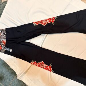 Ethika Black Leggings with Red Floral Accents